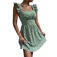 Frauen Blumen Kleid Quadrat-Ausschnitt Rüschenschulter Rückenbindung A-Linie Sommerkleid Grün M