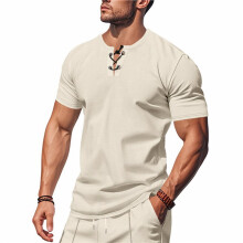 Men'S Muscle Slim Henley Shirts Crewneck T-Shirt Gym Workout Athletic Shirt Tees Apricot Color L