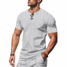Chemises Henley Slim Muscles pour Hommes T-Shirt Col Rond T-Shirt de Gym Entraînement Vêtements Athlétiques Gris Clair L