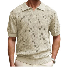da Uomo Casual A Maniche Corte con Colletto Abbottonato e Lavorazione A Rete, Ideale per il Tempo Libero Quotidiano Colore Albicocca XXXL