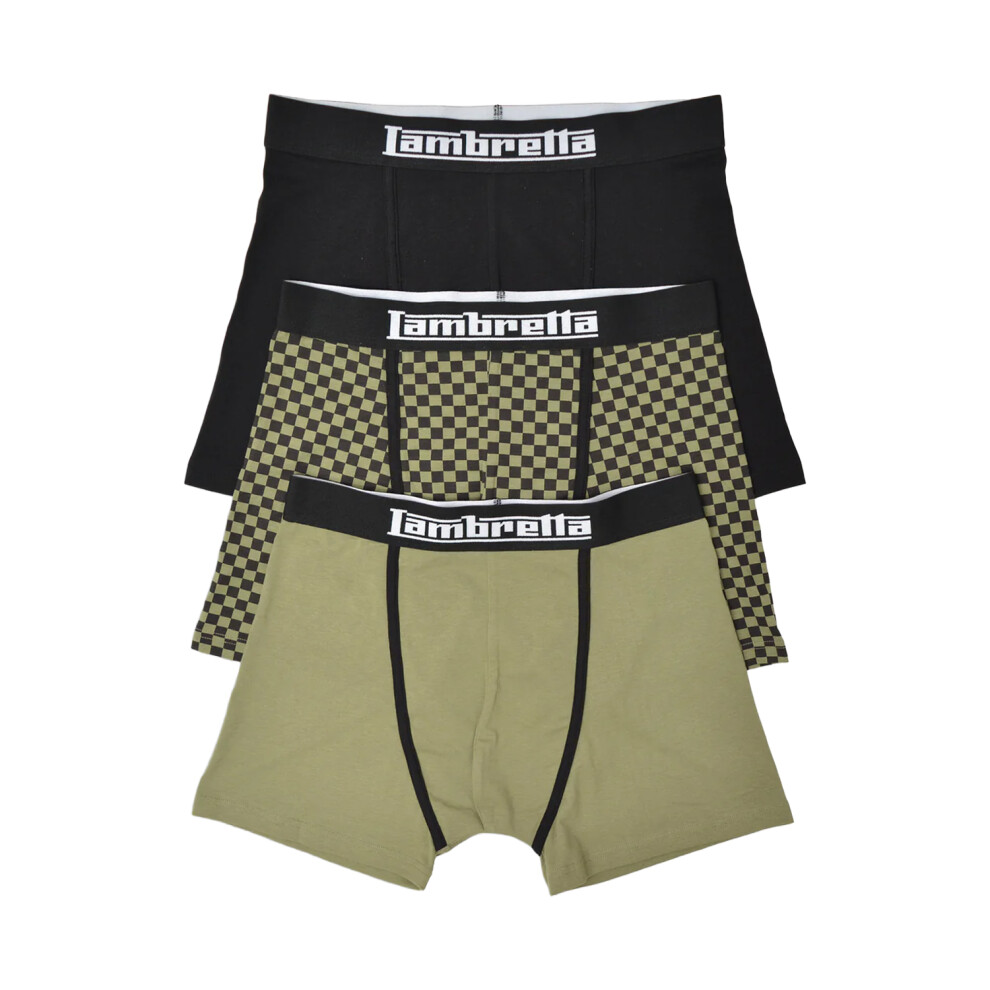 Lambretta (L, Khaki Green/Black) Mens Assorted Designs Boxer Shorts (Pack Of 3)