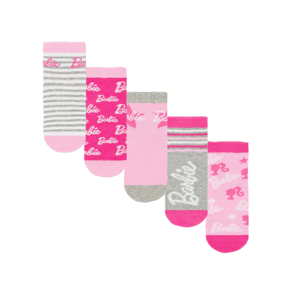 Barbie (9 Uk Child-12 Uk Child, Pink/White/Grey) Girls Stripe Logo Star Socks Set (Pack Of 5) Grey