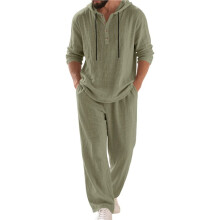 Men'S Linen Blend 2 Piece Outfit Hooded Henley Shirt Drawstring Wide Leg Pants Set Army Green L