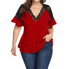 Women'S for Size Flounce Short Sleeve Work Lace Deep V Neck Elegant Blouse Red 5XL