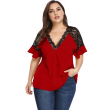 Women'S for Size Flounce Short Sleeve Work Lace Deep V Neck Elegant Blouse Red L