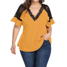 Women'S for Size Flounce Short Sleeve Work Lace Deep V Neck Elegant Blouse Yellow M