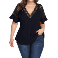 Women'S for Size Flounce Short Sleeve Work Lace Deep V Neck Elegant Blouse Black XXL