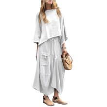 Kvinnor 2-Delade Outfits med Lös Rundhalsad Topp och Asymmetrisk Kjolset med Fickor Vit XL
