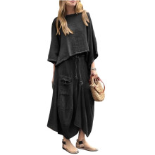 Kvinnor 2-Delade Outfits med Lös Rundhalsad Topp och Asymmetrisk Kjolset med Fickor Svart 5XL