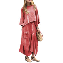Kvinnor 2-Delade Outfits med Lös Rundhalsad Topp och Asymmetrisk Kjolset med Fickor Röd S