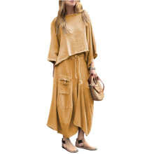 Kvinnor 2-Delade Outfits med Lös Rundhalsad Topp och Asymmetrisk Kjolset med Fickor Gul S