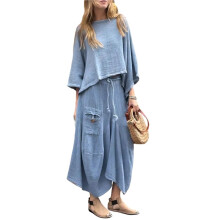 Kvinnor 2-Delade Outfits med Lös Rundhalsad Topp och Asymmetrisk Kjolset med Fickor Blå 5XL