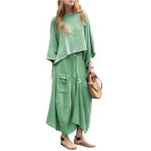 Kvinnor 2-Delade Outfits med Lös Rundhalsad Topp och Asymmetrisk Kjolset med Fickor Grön 5XL