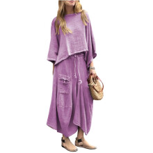 Kvinnor 2-Delade Outfits med Lös Rundhalsad Topp och Asymmetrisk Kjolset med Fickor Lila 4XL