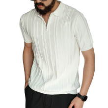 Camicia da Uomo A Maniche Corte In Maglia con Cerniera A un Quarto, A Coste, Casual, da Bianco XL