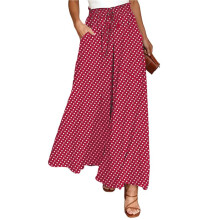 Kvinnors Avslappnade Vida Byxor med Hög Midja, Flödande Strandbyxor, Sommar Boho Loungebyxor med Fickor Karmosinröd XL