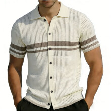 Mens Po-Lo Shirts Vintage Striped Button Down Knitted for Shirts Khaki S