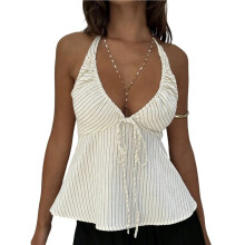 Women Striped Front Tie Top Y2k Halter Neck Flowy Summer Going Out Tank Top Streetwear Milky White S