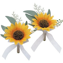 2 Künstliche Sonnenblumen-Boutonnières, Brautpaar-Blumen-Corsagen-Set für Hochzeiten, Formelle Anlässe und Vintage-Hochzeiten