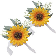 2 Künstliche Sonnenblumen-Handgelenkschmuck-Sets, Brautpaar, Brautjungfern, Hochzeitsblumenschmuck für Partys und Vintage-Hochzeiten