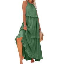 Womens Resort Style Ruffled Long Dress Round Neck Sleeveless Flowy Beach Dress with Pockets Green Calabash L
