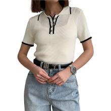 Women Short Sleeve Collared Knitted Tops Casual Ribbed Shirt Slim Fit Pullover Sweater White S