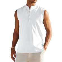 Men'S Sleeveless Henley Tank Top Summer Beach Tank Tops Collarless Casual Cruise Dress Shirt White XXXL