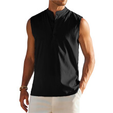 Men'S Sleeveless Henley Tank Top Summer Beach Tank Tops Collarless Casual Cruise Dress Shirt Black M