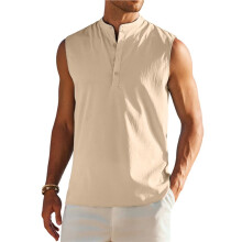 Men'S Sleeveless Henley Tank Top Summer Beach Tank Tops Collarless Casual Cruise Dress Shirt Apricot Color XXL