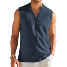 Men'S Sleeveless Henley Tank Top Summer Beach Tank Tops Collarless Casual Cruise Dress Shirt Navy  XXXL