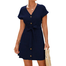 Vestido de Verano Informal para Mujer, de Manga Corta, con Botones, Cuello en V, Bolsillo, Lazo y Largo Hasta la Rodilla Azul Oscuro XL