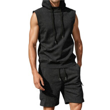 Herr Träningsdräkter 2-Delat Set Avslappnad Ärmlös Hoodie Tank Topp och Shorts Gym Svettdräkter Svart XXL