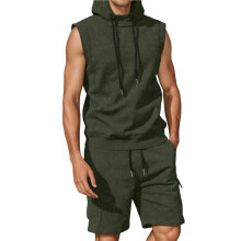 Herr Träningsdräkter 2-Delat Set Avslappnad Ärmlös Hoodie Tank Topp och Shorts Gym Svettdräkter Armégrön S