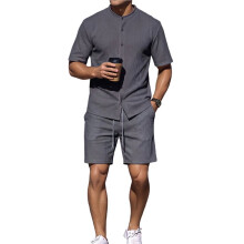 Herrars 2-Delade Outfit Sommar Kortärmad Skjorta med Knappar och Shorts med Fickor Grå XXL