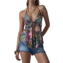 Women'S Halter Top V Neck Lace for Backless Vintage Floral Print Top Y2K Summer Casual Shirt XL