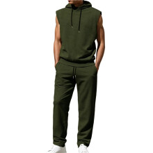 Herren-Sommer-Trainingsanzug mit Kurzen Ärmeln, Kapuzenshirt und Trainingshose, 2-Teiliges Set Armeegrün XXL