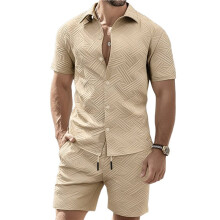 Herr Träningsdräkter 2-Delade Shorts Set Kortärmad Sweatsuit Outfits Kaki L