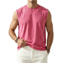 Mäns Träningslinnen Är Ärmlösa T-Shirts Gym Syra Tvätt T-Shirts Löpning Strand Lös Passform T-Shirt Rosaröd XL