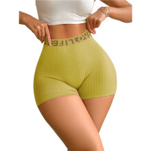 Women High Waisted Seamless Athletic Shorts Textured Ribbed Yoga Workout Biker Shorts Yellow M