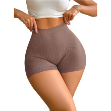Women High Waisted Seamless Athletic Shorts Textured Ribbed Yoga Workout Biker Shorts Brown M