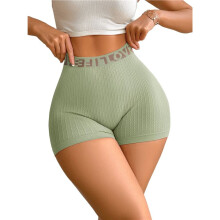 Women High Waisted Seamless Athletic Shorts Textured Ribbed Yoga Workout Biker Shorts Green L