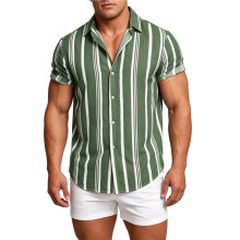 Mäns Sommar Randiga Skjortor med Knappar Kortärmade Vintage Strand Skjortor Armégrön XL
