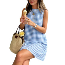 Womens Gingham Dress Spring Summer Beach Boho Sleeveless Sundress Light M