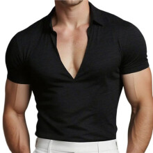 Men'S Collared Muscle Shirts Slim Fit Short Sleeve V Neck T Shirts Men Shirt Casual Stylish Black S