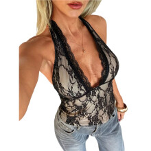 Women'S Lace Halter V-Neck Open Back Fitted Casual Tank Tops Black S