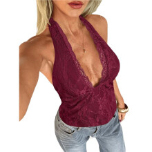 Women'S Lace Halter V-Neck Open Back Fitted Casual Tank Tops Wine Red S