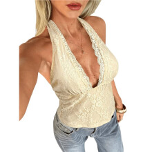Women'S Lace Halter V-Neck Open Back Fitted Casual Tank Tops Apricot Color L