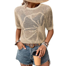 Women'S Summer Short Sleeve Crochet Tops Hollow Out Floral Sweaters Beach Vacation Cruise Outfits Apricot Color S