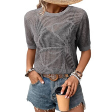 Women'S Summer Short Sleeve Crochet Tops Hollow Out Floral Sweaters Beach Vacation Cruise Outfits Gray XL