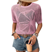 Women'S Summer Short Sleeve Crochet Tops Hollow Out Floral Sweaters Beach Vacation Cruise Outfits M